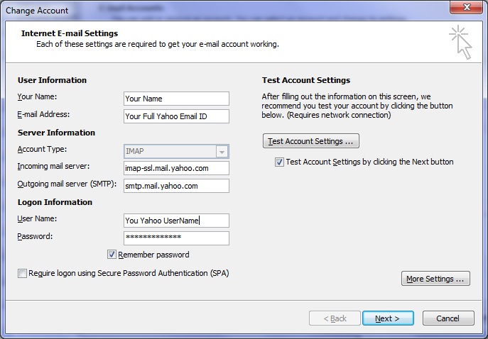 Imap account basic settings